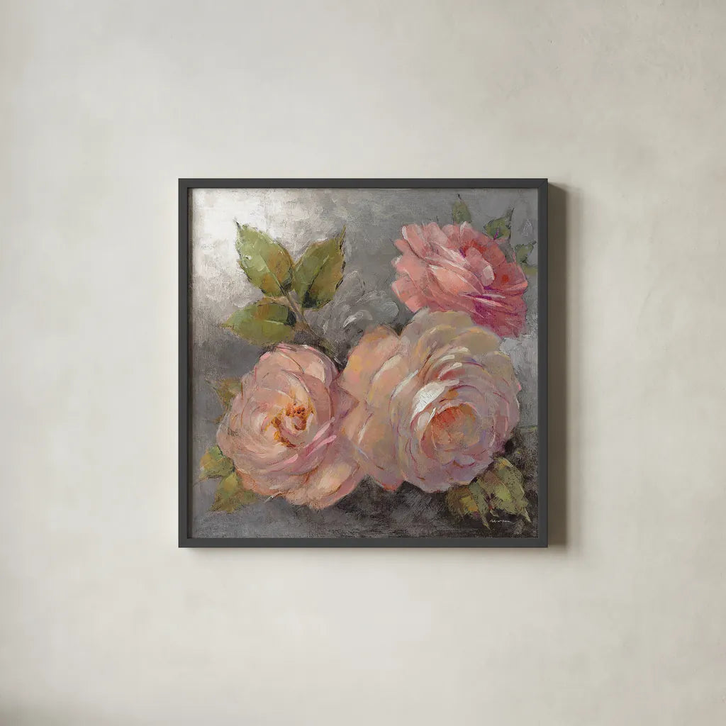 Roses on Gray II Crop by Peter McGowan. Shown in a sleek black glass frame for a contemporary gallery look. Available as an archival giclee rolled canvas, fine art paper, or poster print. SKU 27976a.