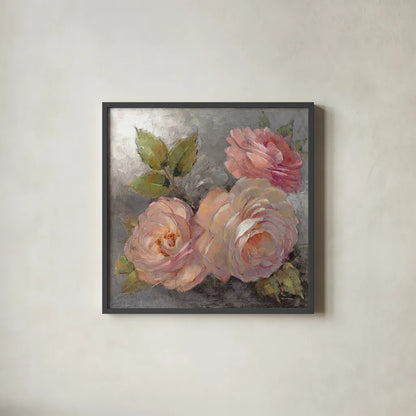 Roses on Gray II Crop by Peter McGowan. Shown in a sleek black glass frame for a contemporary gallery look. Available as an archival giclee rolled canvas, fine art paper, or poster print. SKU 27976a.