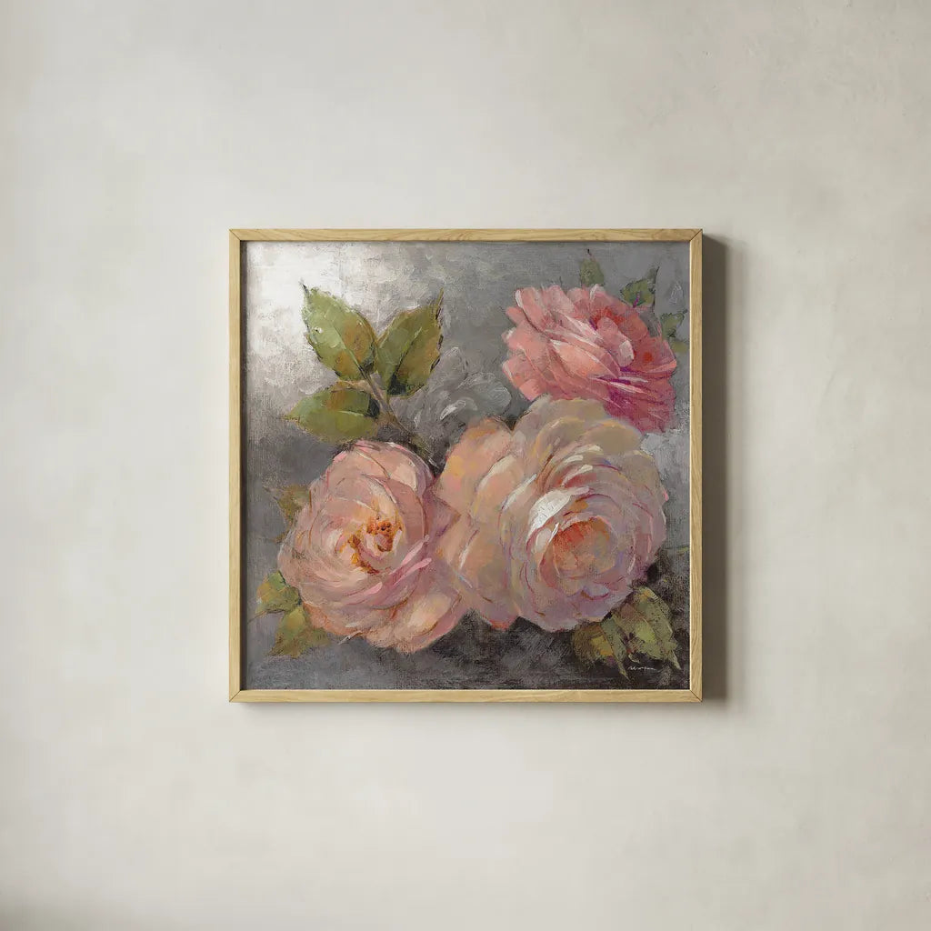 Roses on Gray II Crop by Peter McGowan. Shown in a natural wood glass frame for a timeless modern aesthetic. Available as an archival giclee rolled canvas, fine art paper, or poster print. SKU 27976a.
