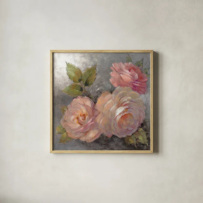 Roses on Gray II Crop by Peter McGowan. Shown in a natural wood glass frame for a timeless modern aesthetic. Available as an archival giclee rolled canvas, fine art paper, or poster print. SKU 27976a.