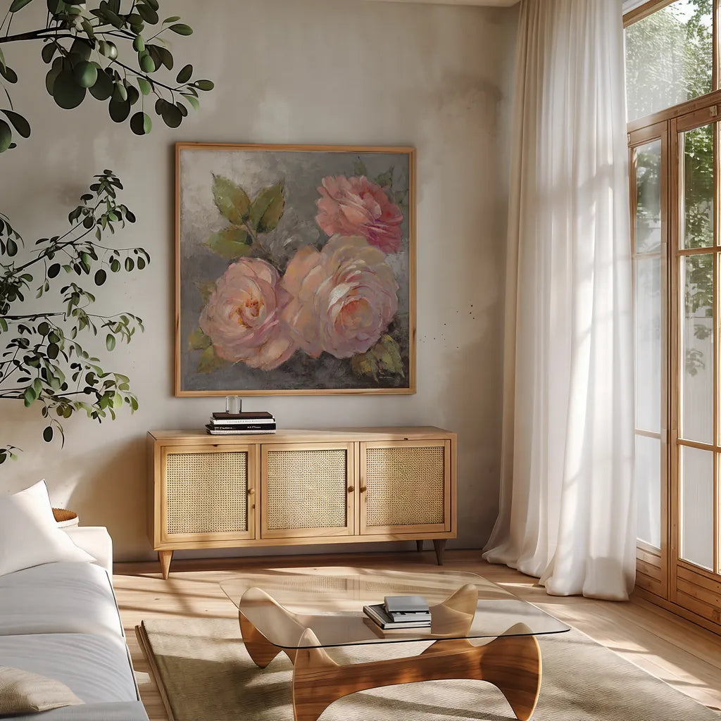 Roses on Gray II Crop by Peter McGowan. Shown in a natural wood frame in a cozy modern living room. Available as an archival giclee rolled canvas, fine art paper, or poster print. SKU 27976a.