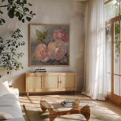 Roses on Gray II Crop by Peter McGowan. Shown in a natural wood frame in a cozy modern living room. Available as an archival giclee rolled canvas, fine art paper, or poster print. SKU 27976a.