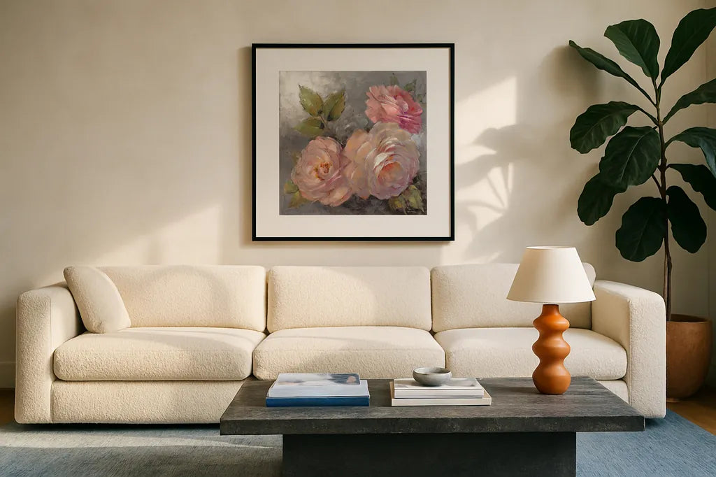 Roses on Gray II Crop by Peter McGowan. Displayed in a glass frame with matte in a clean modern living room. Available as an archival giclee rolled canvas, fine art paper, or poster print. SKU 27976a.