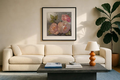 Roses on Gray II Crop by Peter McGowan. Displayed in a glass frame with matte in a clean modern living room. Available as an archival giclee rolled canvas, fine art paper, or poster print. SKU 27976a.