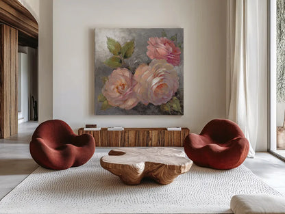 Roses on Gray II Crop by Peter McGowan. Shown as extra-large giant wall art in a modern living room. Available as an archival giclee rolled canvas, fine art paper, or poster print. SKU 27976a.
