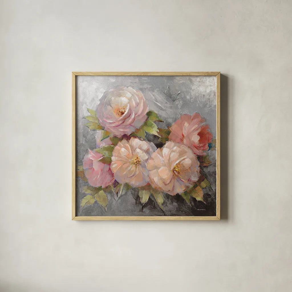Roses on Gray III Crop by Peter McGowan. Shown in a natural wood glass frame for a timeless modern aesthetic. Available as an archival giclee rolled canvas, fine art paper, or poster print. SKU 27977a.