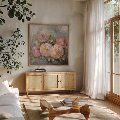 Roses on Gray III Crop by Peter McGowan. Shown in a natural wood frame in a cozy modern living room. Available as an archival giclee rolled canvas, fine art paper, or poster print. SKU 27977a.