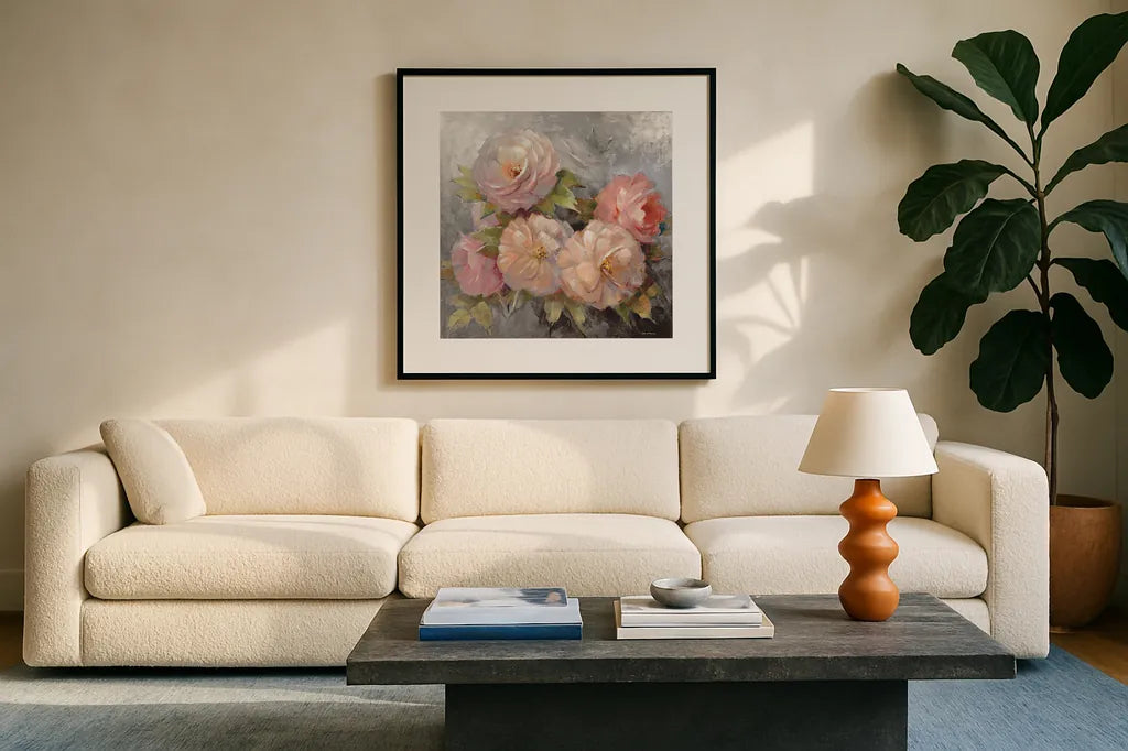 Roses on Gray III Crop by Peter McGowan. Displayed in a glass frame with matte in a clean modern living room. Available as an archival giclee rolled canvas, fine art paper, or poster print. SKU 27977a.