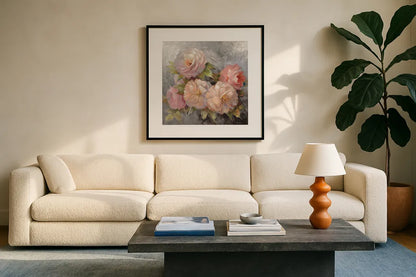 Roses on Gray III Crop by Peter McGowan. Displayed in a glass frame with matte in a clean modern living room. Available as an archival giclee rolled canvas, fine art paper, or poster print. SKU 27977a.