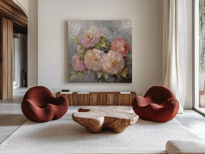 Roses on Gray III Crop by Peter McGowan. Shown as extra-large giant wall art in a modern living room. Available as an archival giclee rolled canvas, fine art paper, or poster print. SKU 27977a.