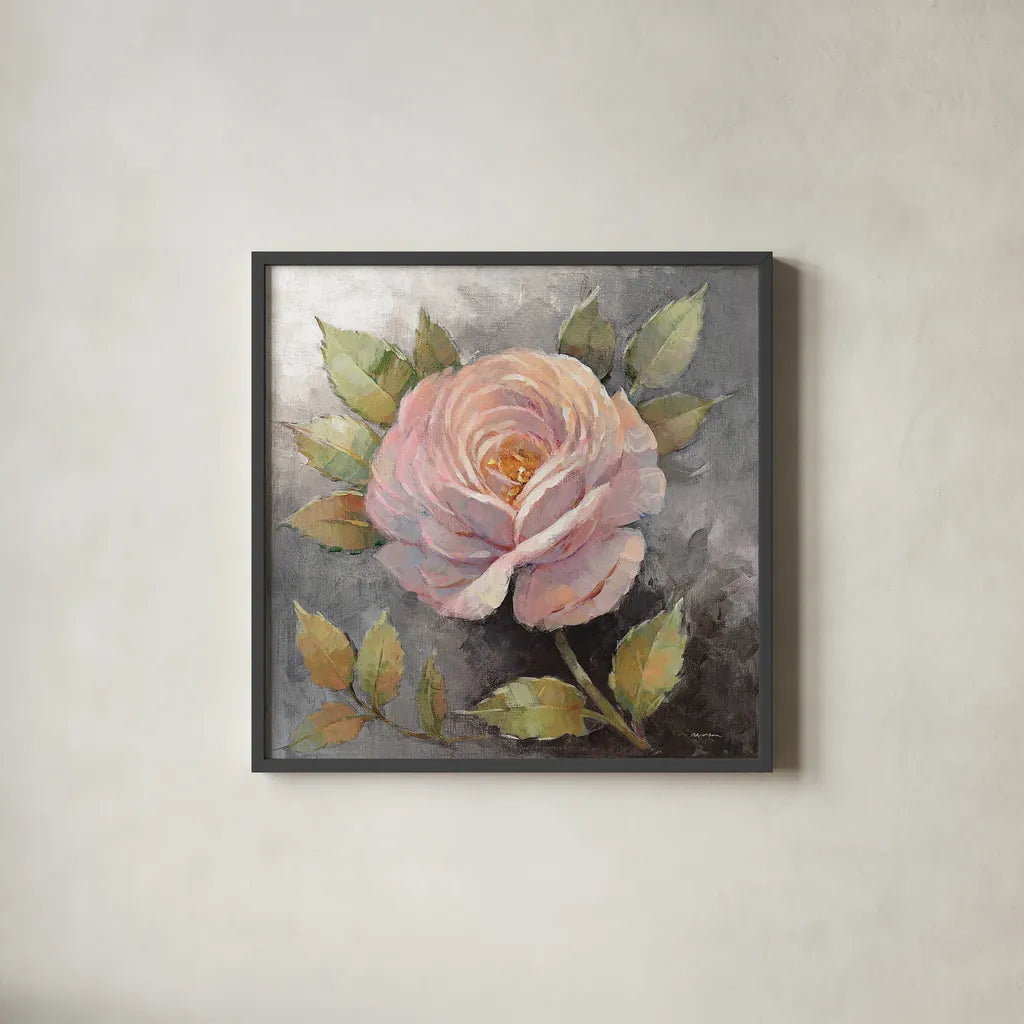 Roses on Gray IV Crop by Peter McGowan. Shown in a sleek black glass frame for a contemporary gallery look. Available as an archival giclee rolled canvas, fine art paper, or poster print. SKU 27978a.