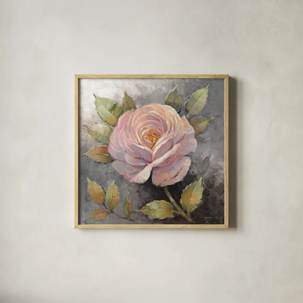 Roses on Gray IV Crop by Peter McGowan. Shown in a natural wood glass frame for a timeless modern aesthetic. Available as an archival giclee rolled canvas, fine art paper, or poster print. SKU 27978a.