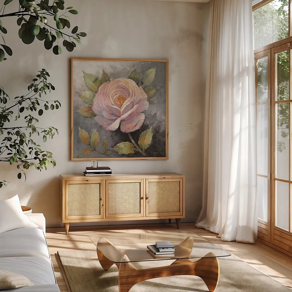 Roses on Gray IV Crop by Peter McGowan. Shown in a natural wood frame in a cozy modern living room. Available as an archival giclee rolled canvas, fine art paper, or poster print. SKU 27978a.