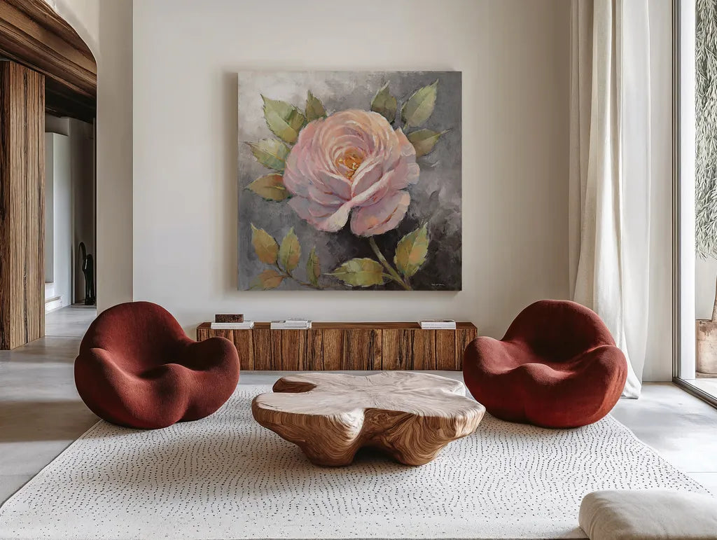 Roses on Gray IV Crop by Peter McGowan. Shown as extra-large giant wall art in a modern living room. Available as an archival giclee rolled canvas, fine art paper, or poster print. SKU 27978a.