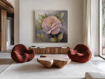 Roses on Gray IV Crop by Peter McGowan. Shown as extra-large giant wall art in a modern living room. Available as an archival giclee rolled canvas, fine art paper, or poster print. SKU 27978a.