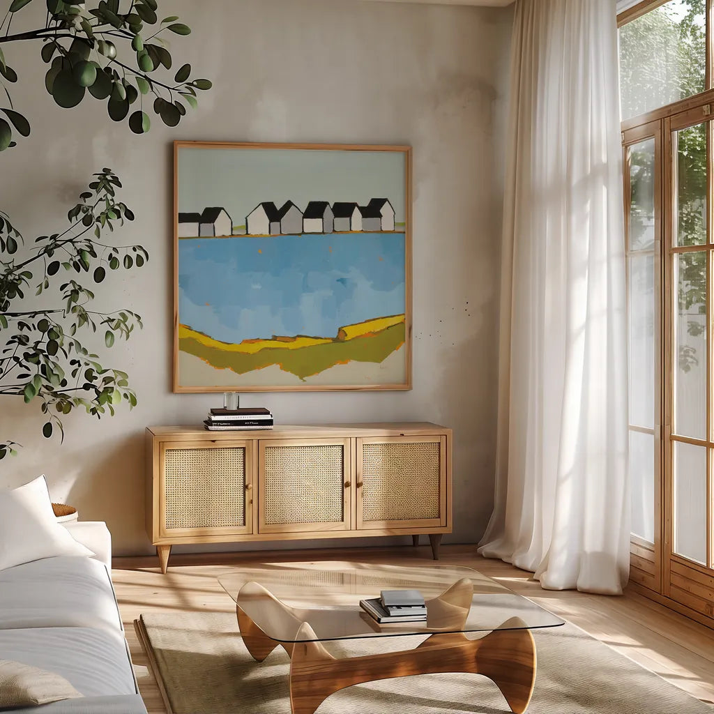 A Summer's Day by Phyllis Adams. Shown in a natural wood frame in a cozy modern living room. Available as an archival giclee rolled canvas, fine art paper, or poster print. SKU 45895a.