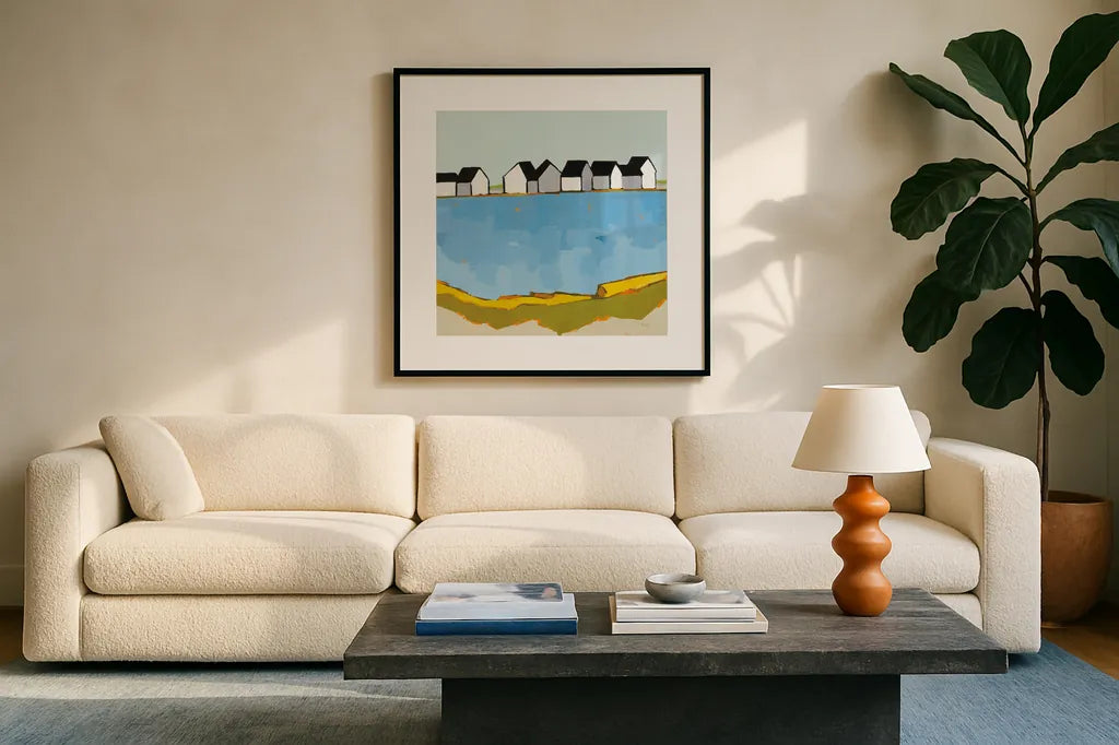 A Summer's Day by Phyllis Adams. Displayed in a glass frame with matte in a clean modern living room. Available as an archival giclee rolled canvas, fine art paper, or poster print. SKU 45895a.