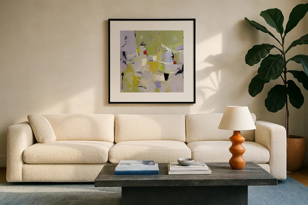 And All That Jazz by Phyllis Adams. Displayed in a glass frame with matte in a clean modern living room. Available as an archival giclee rolled canvas, fine art paper, or poster print. SKU 37287a.