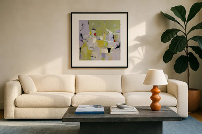 And All That Jazz by Phyllis Adams. Displayed in a glass frame with matte in a clean modern living room. Available as an archival giclee rolled canvas, fine art paper, or poster print. SKU 37287a.