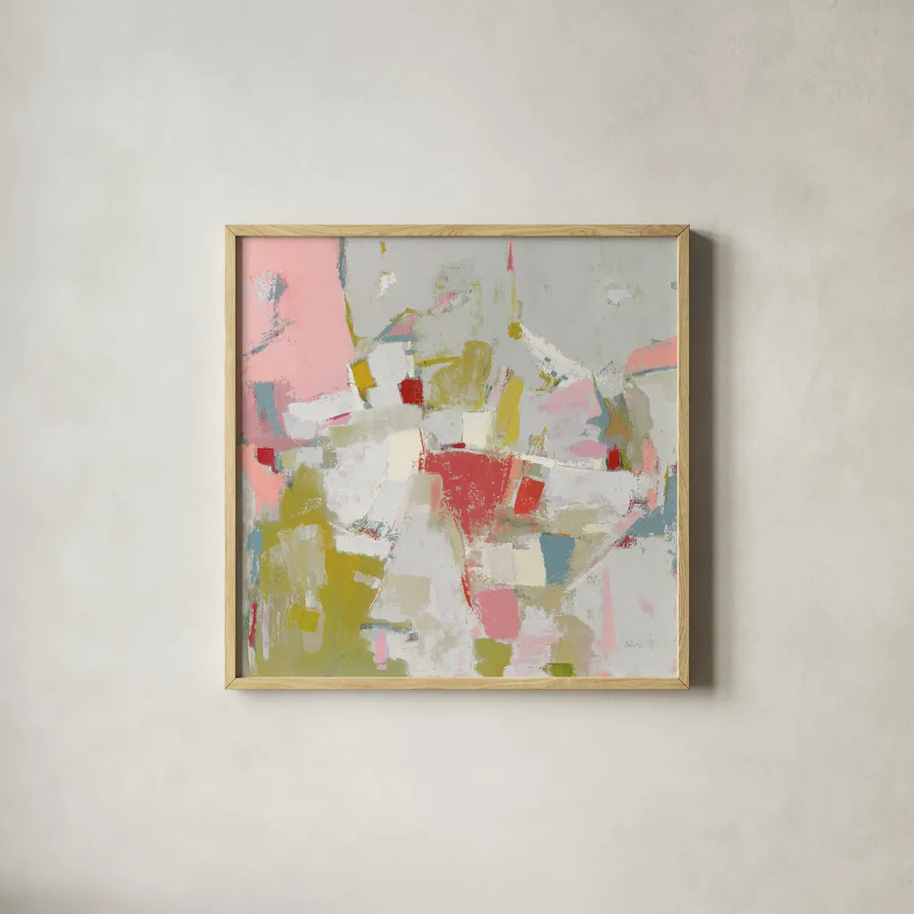 And All That Jazz Pink by Phyllis Adams. Shown in a natural wood glass frame for a timeless modern aesthetic. Available as an archival giclee rolled canvas, fine art paper, or poster print. SKU 48176a.