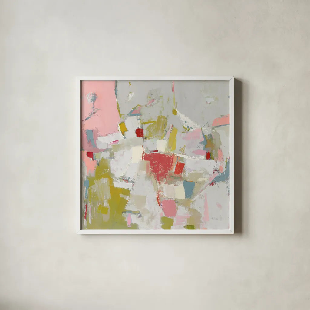 And All That Jazz Pink by Phyllis Adams. Shown in a crisp white glass frame for a clean and minimalist style. Available as an archival giclee rolled canvas, fine art paper, or poster print. SKU 48176a.