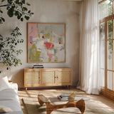 And All That Jazz Pink by Phyllis Adams. Shown in a natural wood frame in a cozy modern living room. Available as an archival giclee rolled canvas, fine art paper, or poster print. SKU 48176a.