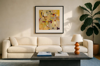Autumn Glow by Phyllis Adams. Displayed in a glass frame with matte in a clean modern living room. Available as an archival giclee rolled canvas, fine art paper, or poster print. SKU 37288a.