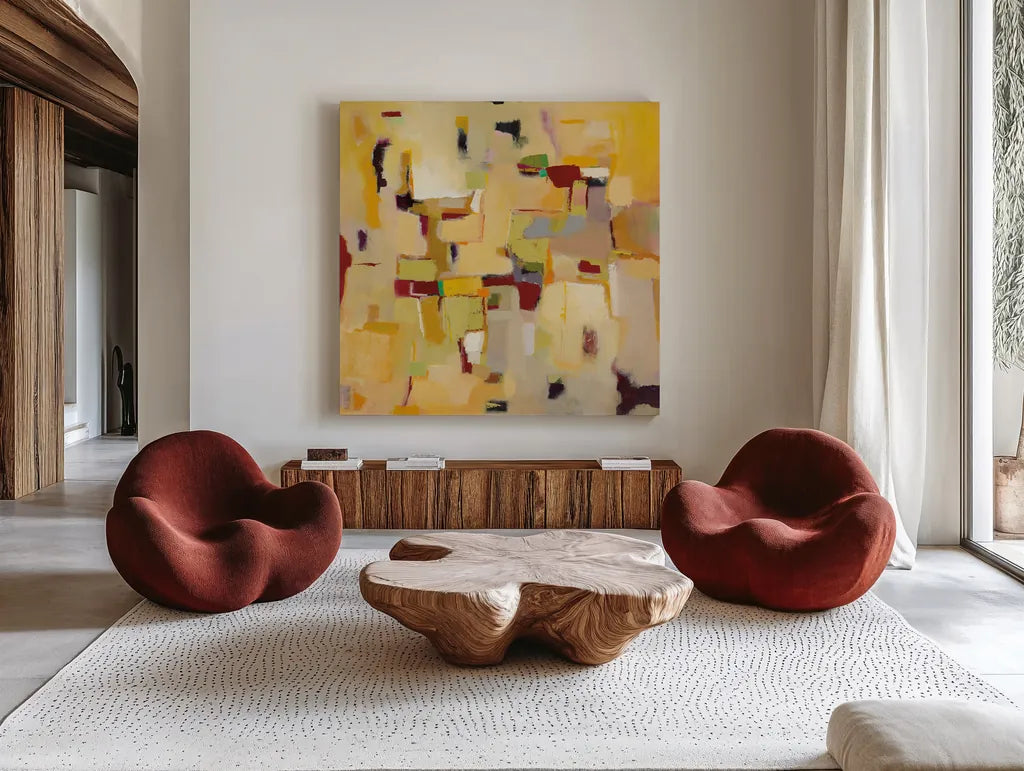 Autumn Glow by Phyllis Adams. Shown as extra-large giant wall art in a modern living room. Available as an archival giclee rolled canvas, fine art paper, or poster print. SKU 37288a.
