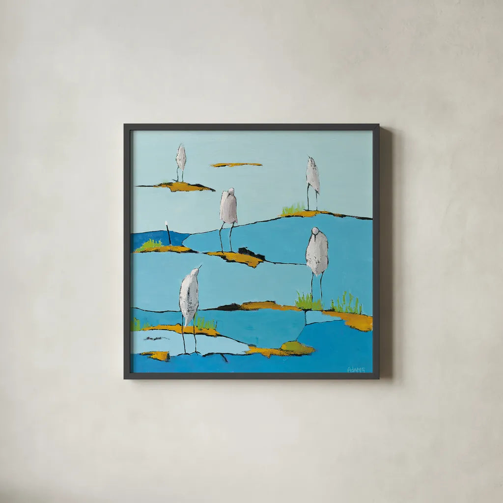 Beach Bums by Phyllis Adams. Shown in a sleek black glass frame for a contemporary gallery look. Available as an archival giclee rolled canvas, fine art paper, or poster print. SKU 27237a.