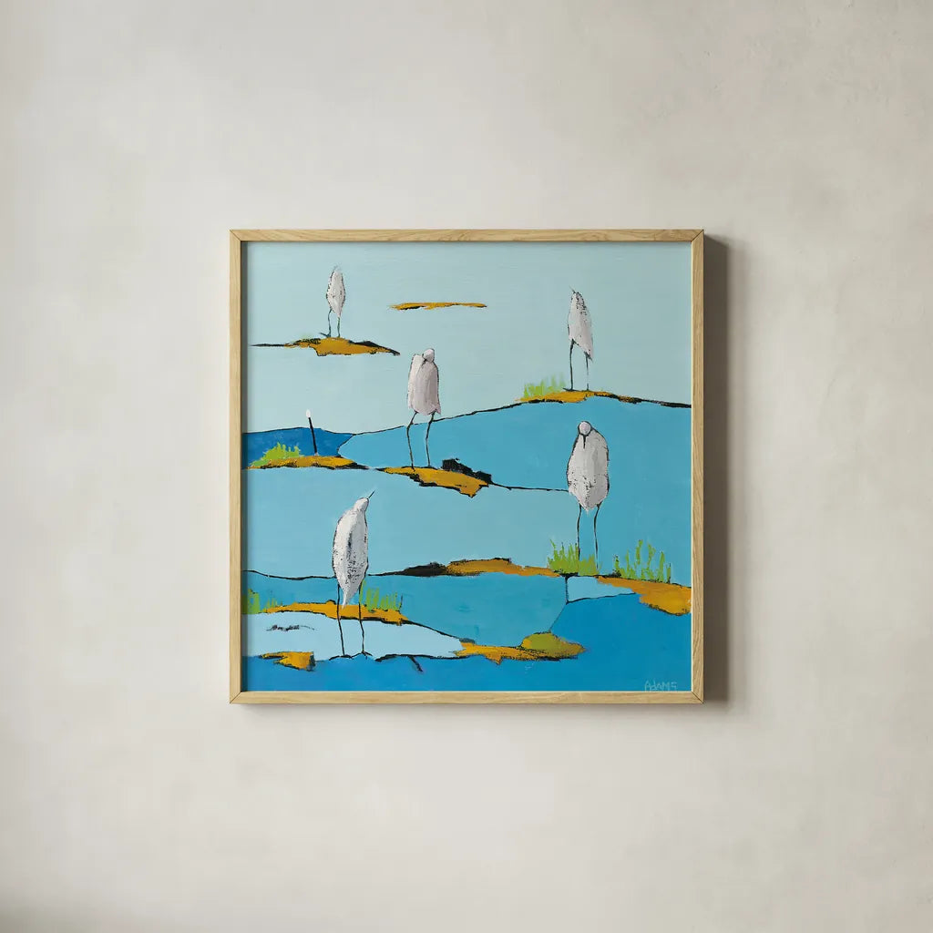 Beach Bums by Phyllis Adams. Shown in a natural wood glass frame for a timeless modern aesthetic. Available as an archival giclee rolled canvas, fine art paper, or poster print. SKU 27237a.