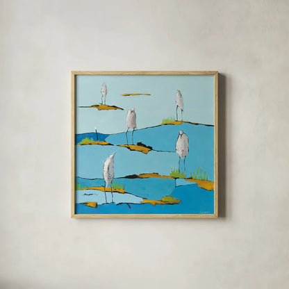 Beach Bums by Phyllis Adams. Shown in a natural wood glass frame for a timeless modern aesthetic. Available as an archival giclee rolled canvas, fine art paper, or poster print. SKU 27237a.