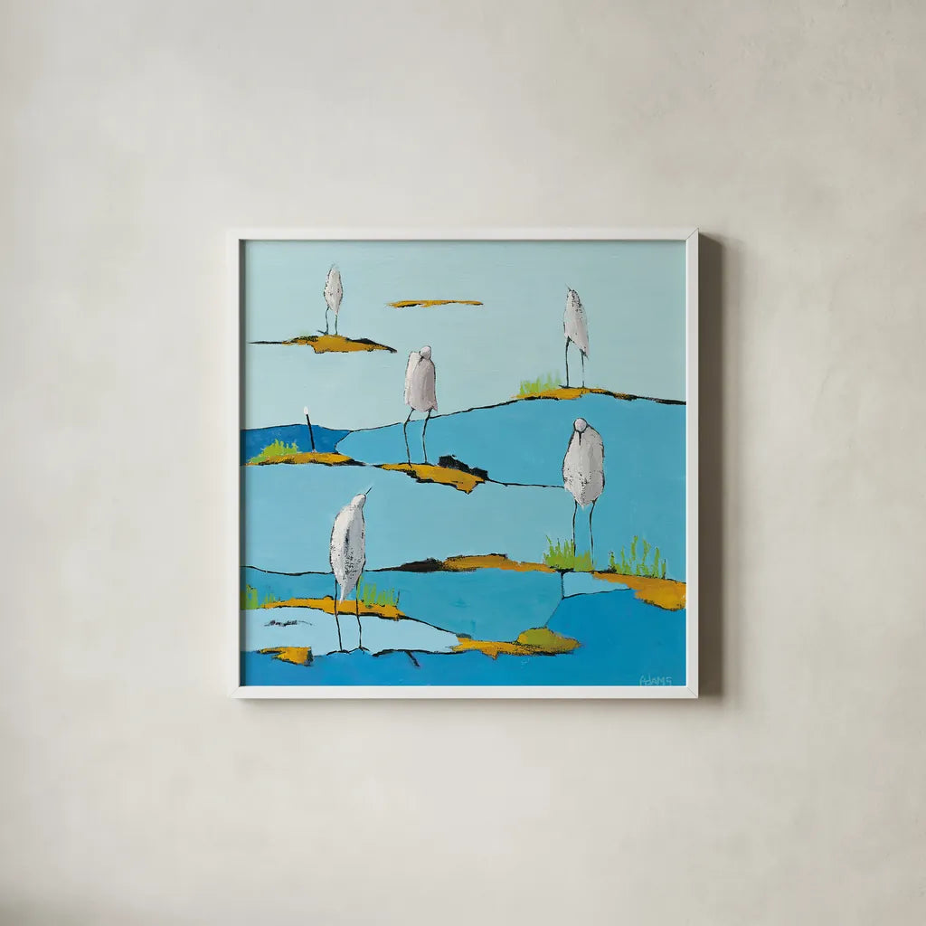 Beach Bums by Phyllis Adams. Shown in a crisp white glass frame for a clean and minimalist style. Available as an archival giclee rolled canvas, fine art paper, or poster print. SKU 27237a.