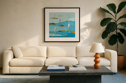 Beach Bums by Phyllis Adams. Displayed in a glass frame with matte in a clean modern living room. Available as an archival giclee rolled canvas, fine art paper, or poster print. SKU 27237a.