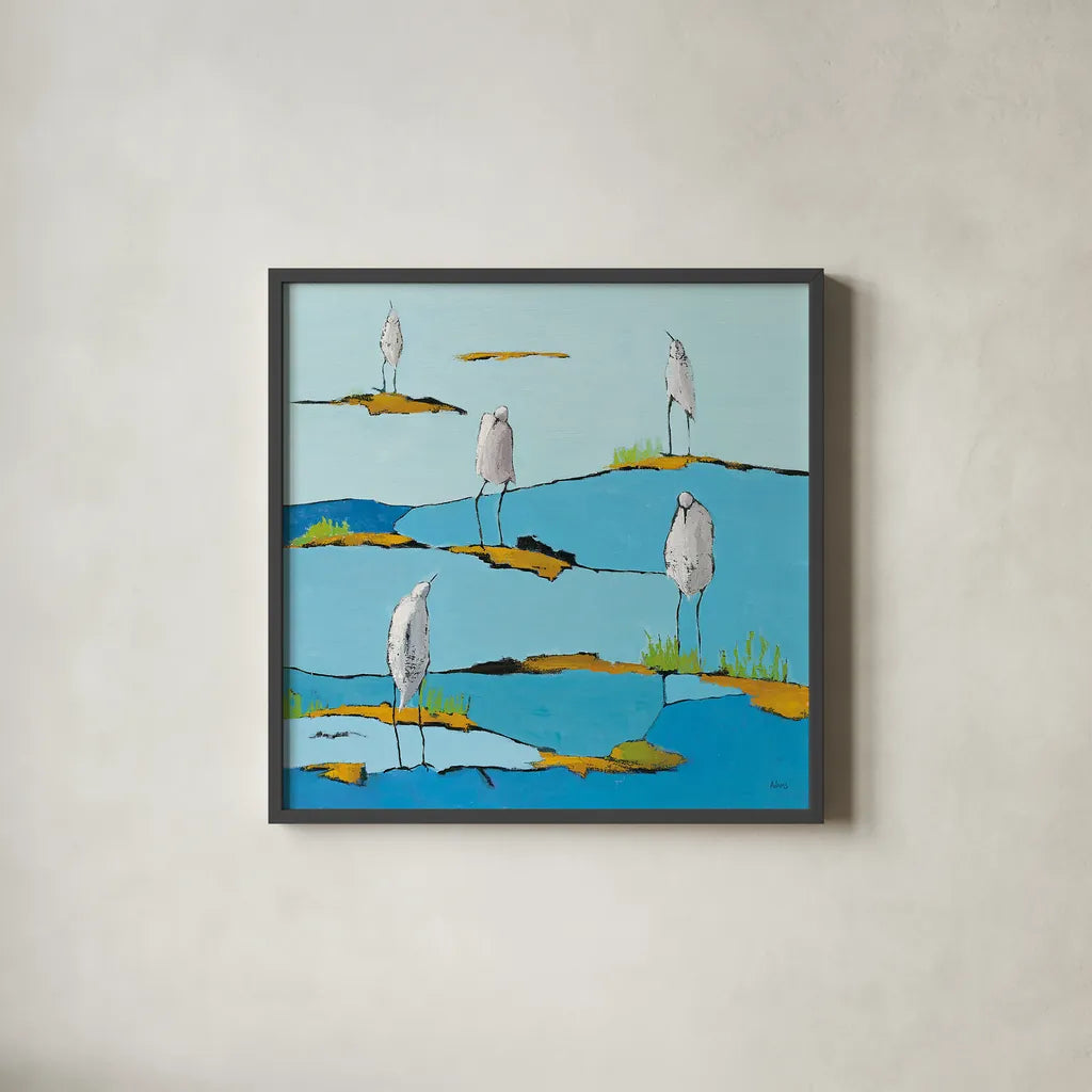 Beach Bums v2 by Phyllis Adams. Shown in a sleek black glass frame for a contemporary gallery look. Available as an archival giclee rolled canvas, fine art paper, or poster print. SKU 27680a.