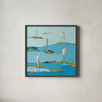 Beach Bums v2 by Phyllis Adams. Shown in a sleek black glass frame for a contemporary gallery look. Available as an archival giclee rolled canvas, fine art paper, or poster print. SKU 27680a.