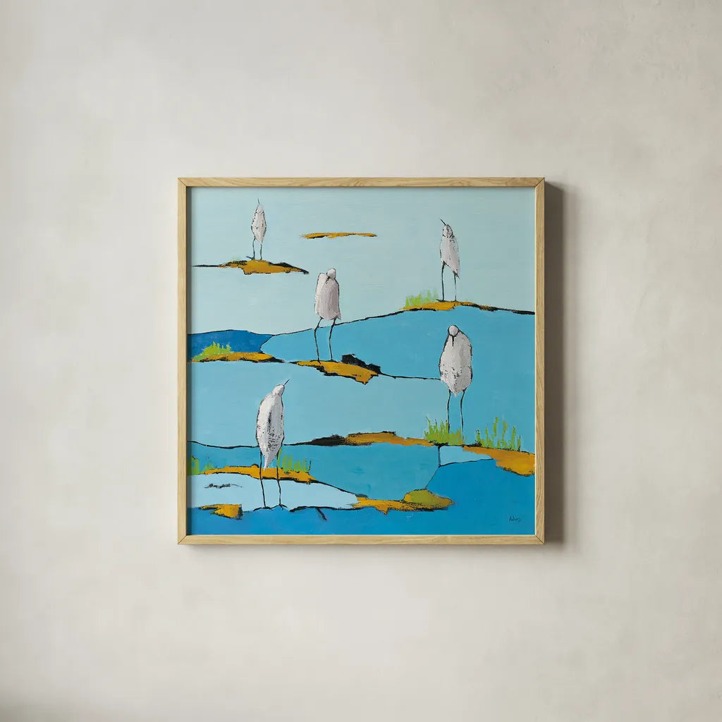 Beach Bums v2 by Phyllis Adams. Shown in a natural wood glass frame for a timeless modern aesthetic. Available as an archival giclee rolled canvas, fine art paper, or poster print. SKU 27680a.