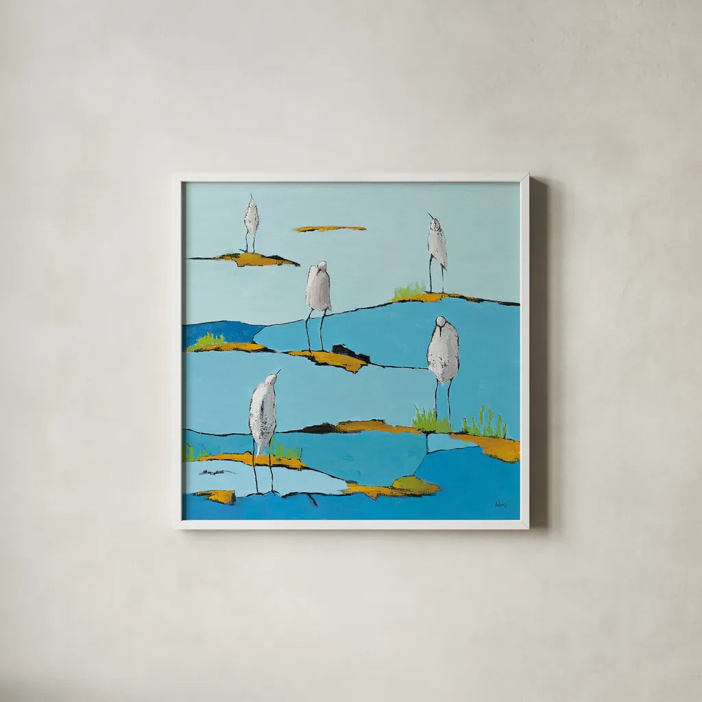 Beach Bums v2 by Phyllis Adams. Shown in a crisp white glass frame for a clean and minimalist style. Available as an archival giclee rolled canvas, fine art paper, or poster print. SKU 27680a.