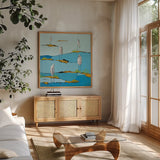 Beach Bums v2 by Phyllis Adams. Shown in a natural wood frame in a cozy modern living room. Available as an archival giclee rolled canvas, fine art paper, or poster print. SKU 27680a.