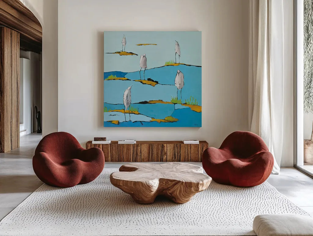 Beach Bums v2 by Phyllis Adams. Shown as extra-large giant wall art in a modern living room. Available as an archival giclee rolled canvas, fine art paper, or poster print. SKU 27680a.