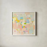 Block Party by Phyllis Adams. Shown in a crisp white glass frame for a clean and minimalist style. Available as an archival giclee rolled canvas, fine art paper, or poster print. SKU 37289a.