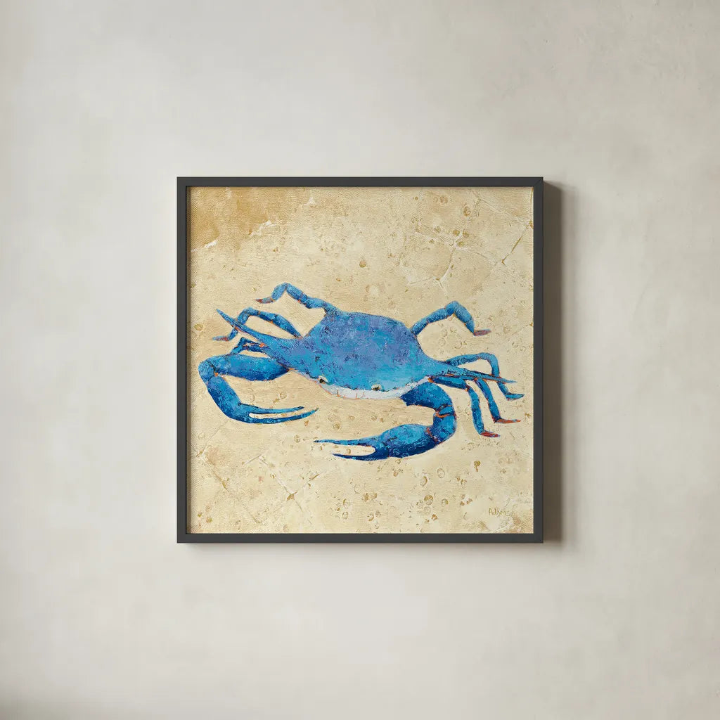 Blue Crab V Neutral Crop by Phyllis Adams. Shown in a sleek black glass frame for a contemporary gallery look. Available as an archival giclee rolled canvas, fine art paper, or poster print. SKU 27727a.