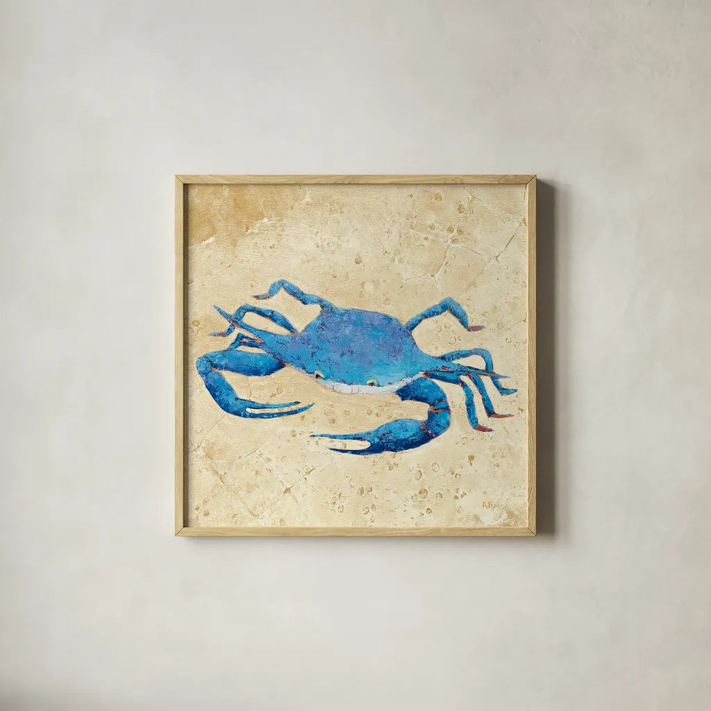 Blue Crab V Neutral Crop by Phyllis Adams. Shown in a natural wood glass frame for a timeless modern aesthetic. Available as an archival giclee rolled canvas, fine art paper, or poster print. SKU 27727a.