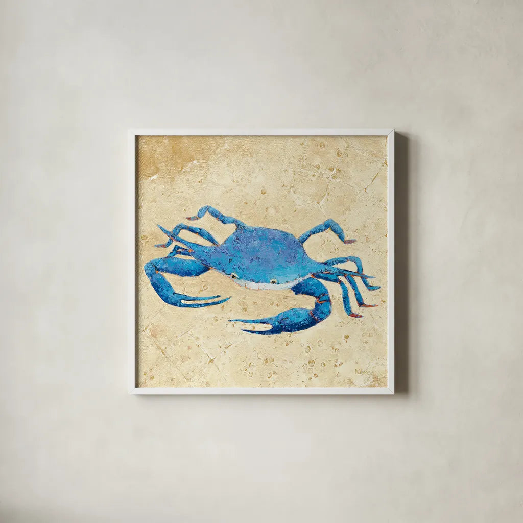 Blue Crab V Neutral Crop by Phyllis Adams. Shown in a crisp white glass frame for a clean and minimalist style. Available as an archival giclee rolled canvas, fine art paper, or poster print. SKU 27727a.