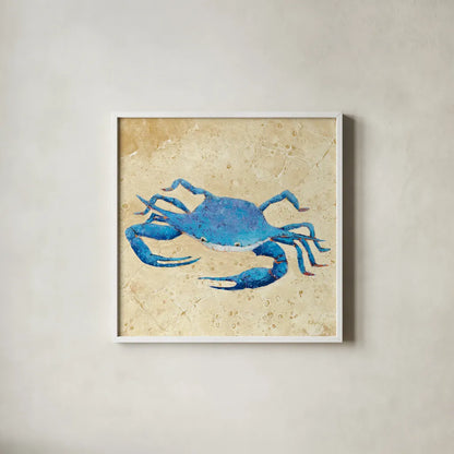 Blue Crab V Neutral Crop by Phyllis Adams. Shown in a crisp white glass frame for a clean and minimalist style. Available as an archival giclee rolled canvas, fine art paper, or poster print. SKU 27727a.