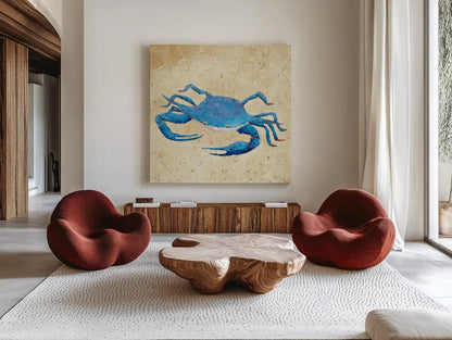 Blue Crab V Neutral Crop by Phyllis Adams. Shown as extra-large giant wall art in a modern living room. Available as an archival giclee rolled canvas, fine art paper, or poster print. SKU 27727a.