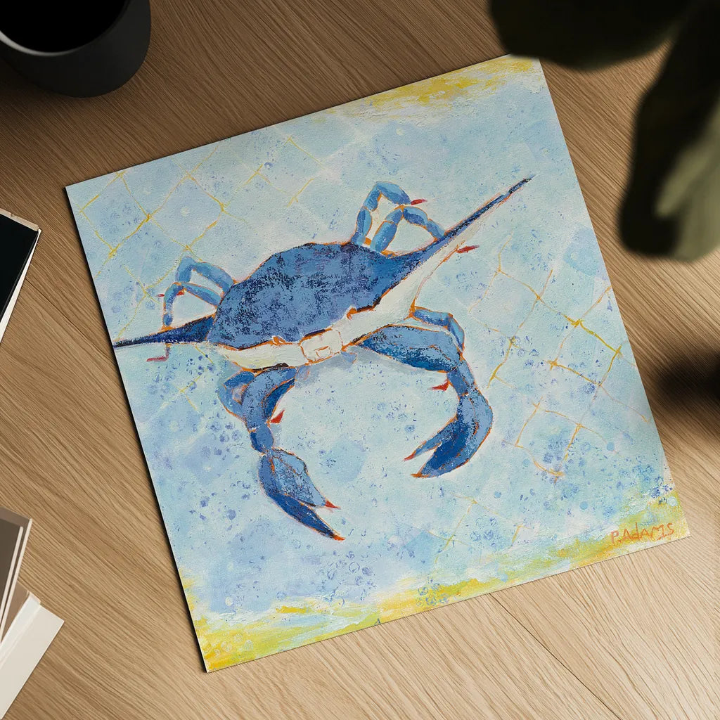 Blue Crab VI by Phyllis Adams. Shown as a detailed flat fine art print, highlighting archival giclee quality. Available as an archival giclee rolled canvas, fine art paper, or poster print. SKU 27242a.