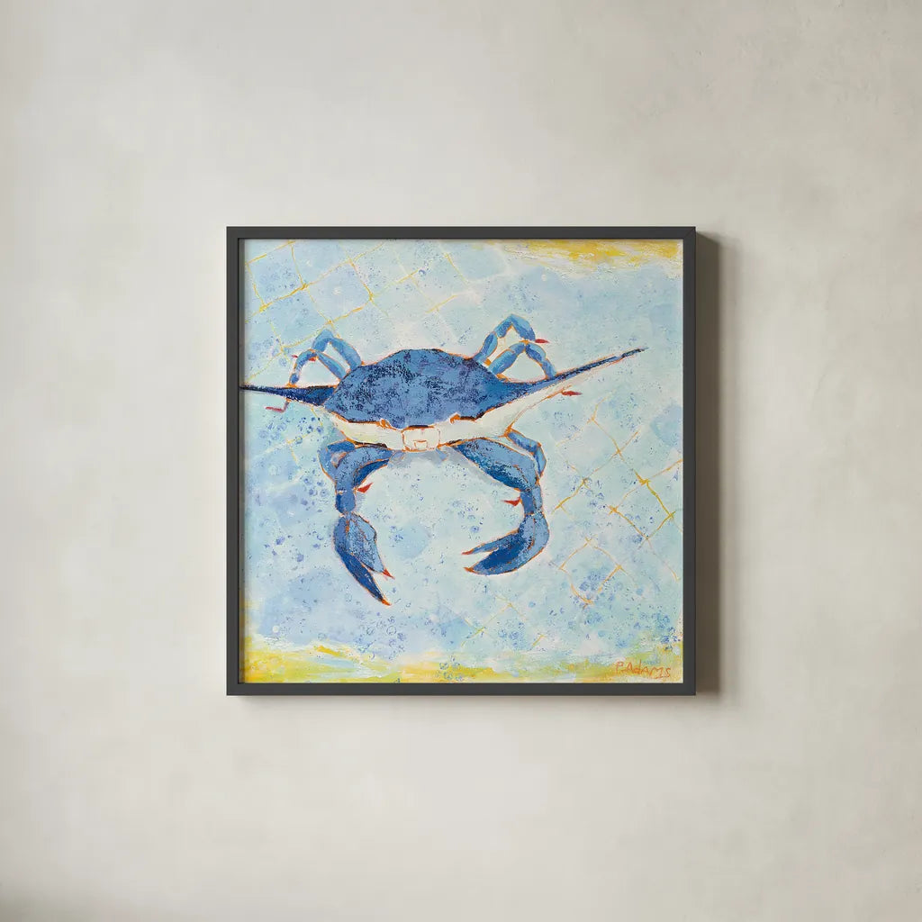 Blue Crab VI by Phyllis Adams. Shown in a sleek black glass frame for a contemporary gallery look. Available as an archival giclee rolled canvas, fine art paper, or poster print. SKU 27242a.