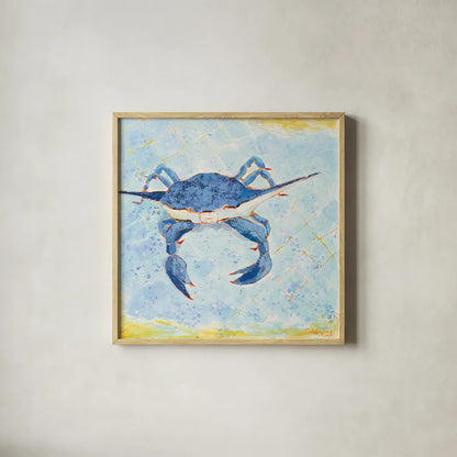 Blue Crab VI by Phyllis Adams. Shown in a natural wood glass frame for a timeless modern aesthetic. Available as an archival giclee rolled canvas, fine art paper, or poster print. SKU 27242a.