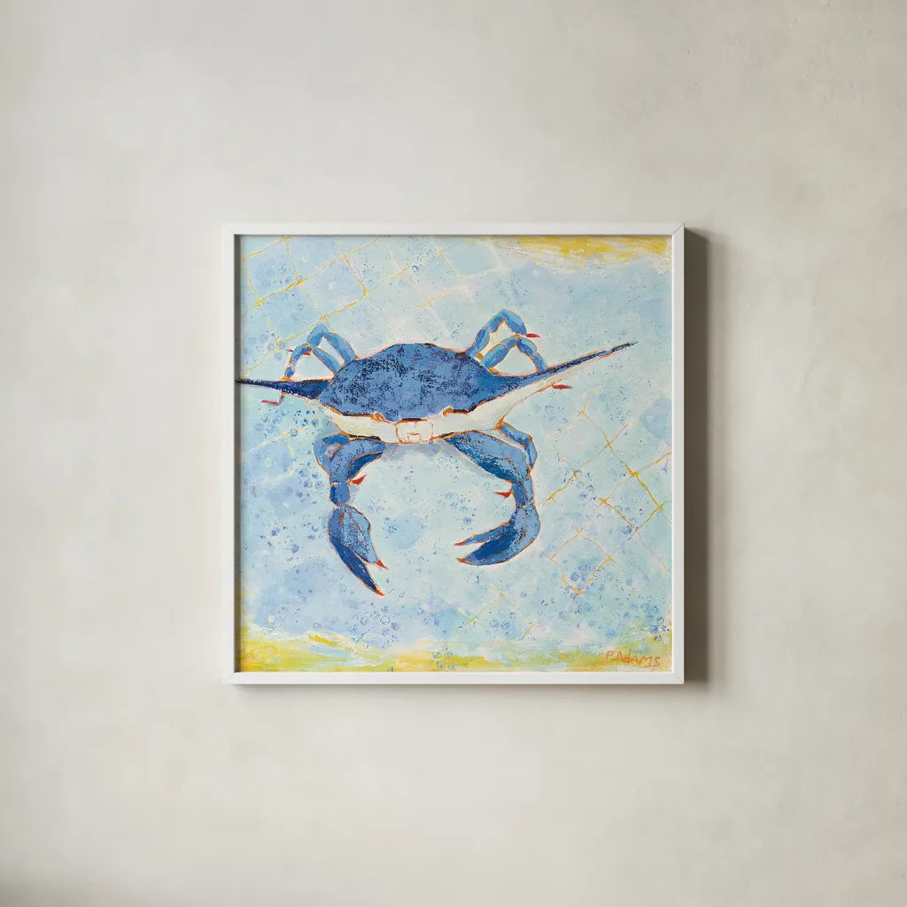 Blue Crab VI by Phyllis Adams. Shown in a crisp white glass frame for a clean and minimalist style. Available as an archival giclee rolled canvas, fine art paper, or poster print. SKU 27242a.