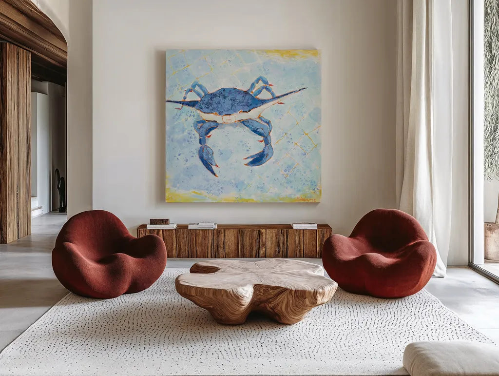 Blue Crab VI by Phyllis Adams. Shown as extra-large giant wall art in a modern living room. Available as an archival giclee rolled canvas, fine art paper, or poster print. SKU 27242a.